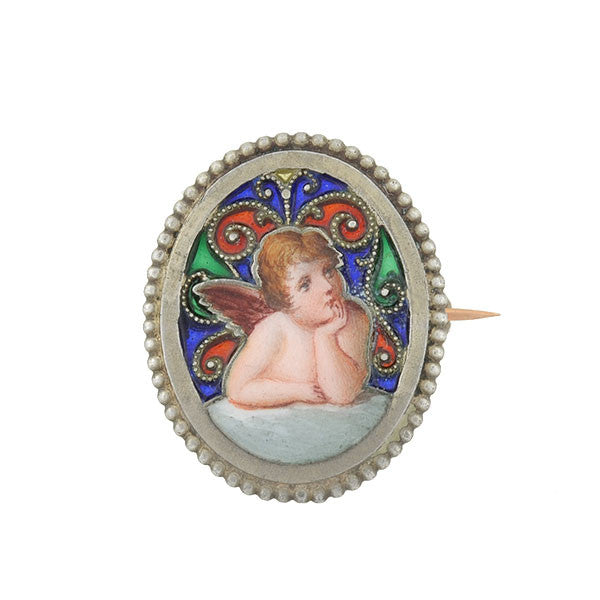 G.A.S. Victorian Sterling Gilt & Plique-à-Jour Enameled Cherub Pin