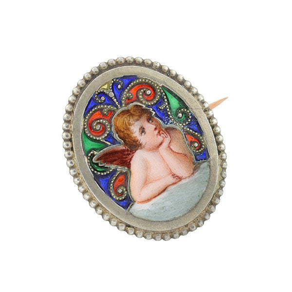 G.A.S. Victorian Sterling Gilt & Plique-à-Jour Enameled Cherub Pin