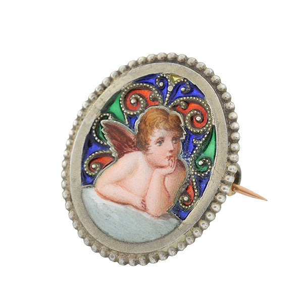 G.A.S. Victorian Sterling Gilt & Plique-à-Jour Enameled Cherub Pin