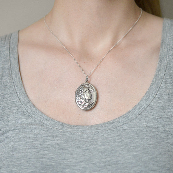 Art Nouveau Sterling Silver Repousse Woman Locket