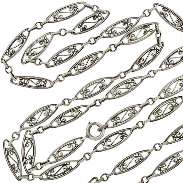 Victorian Sterling Silver Filigree Muff Chain 42" Long