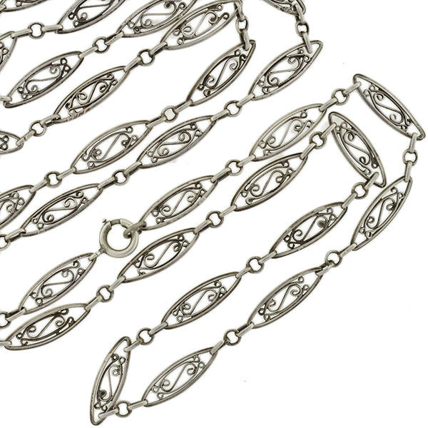 Victorian Sterling Silver Filigree Muff Chain 42" Long