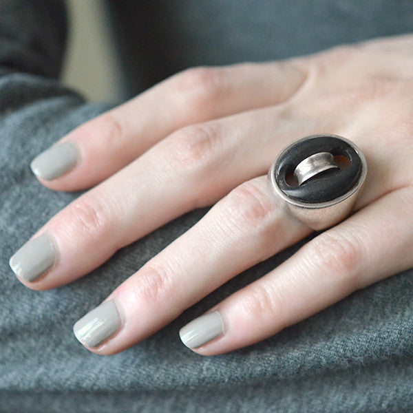 Vintage Signed Sterling & Wood Button Ring