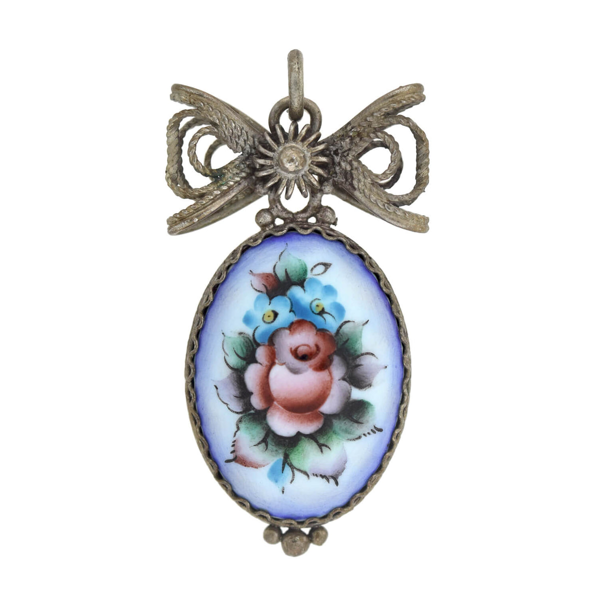 Art Deco Sterling Hand-Painted Porcelain Earrings + Pendant Set