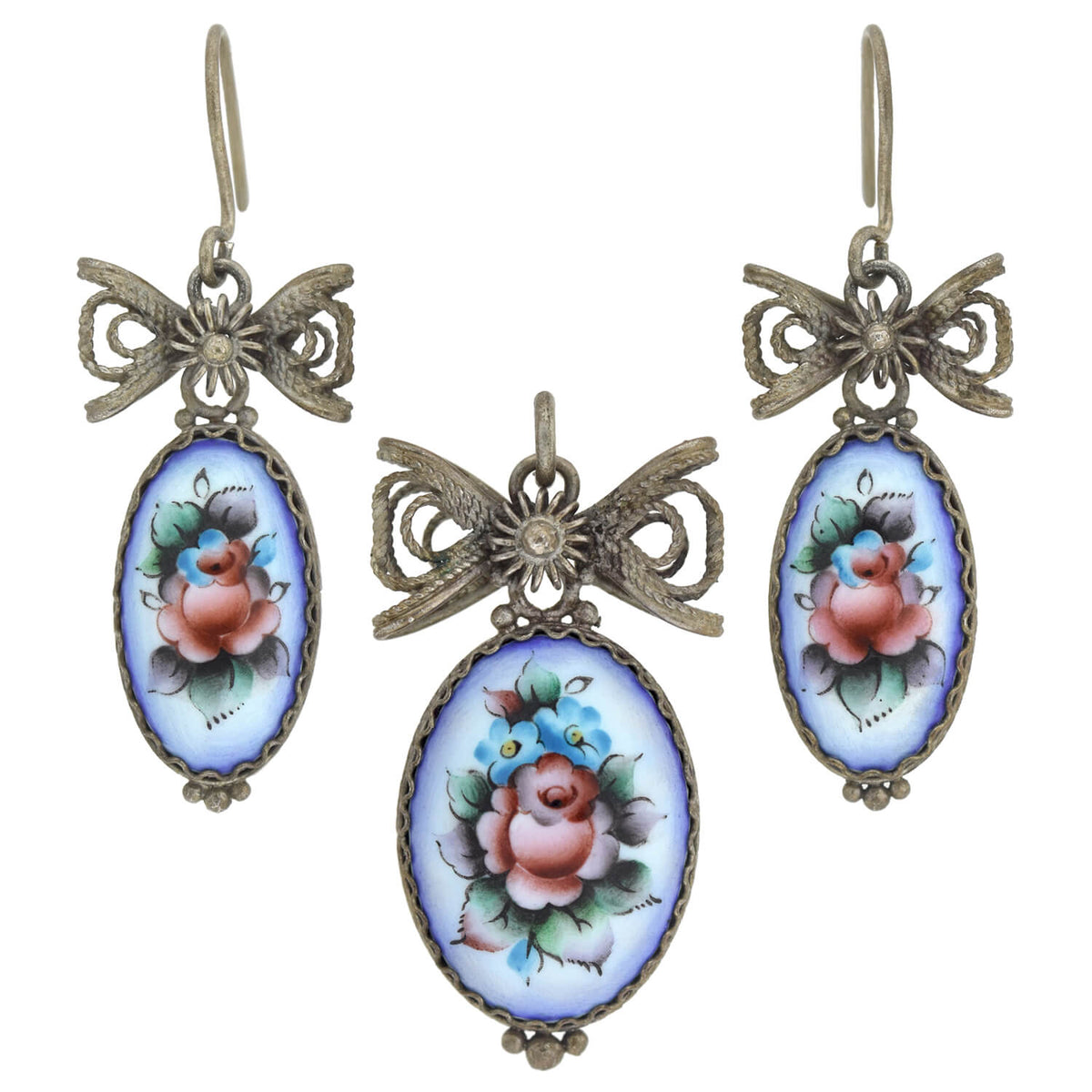 Art Deco Sterling Hand-Painted Porcelain Earrings + Pendant Set