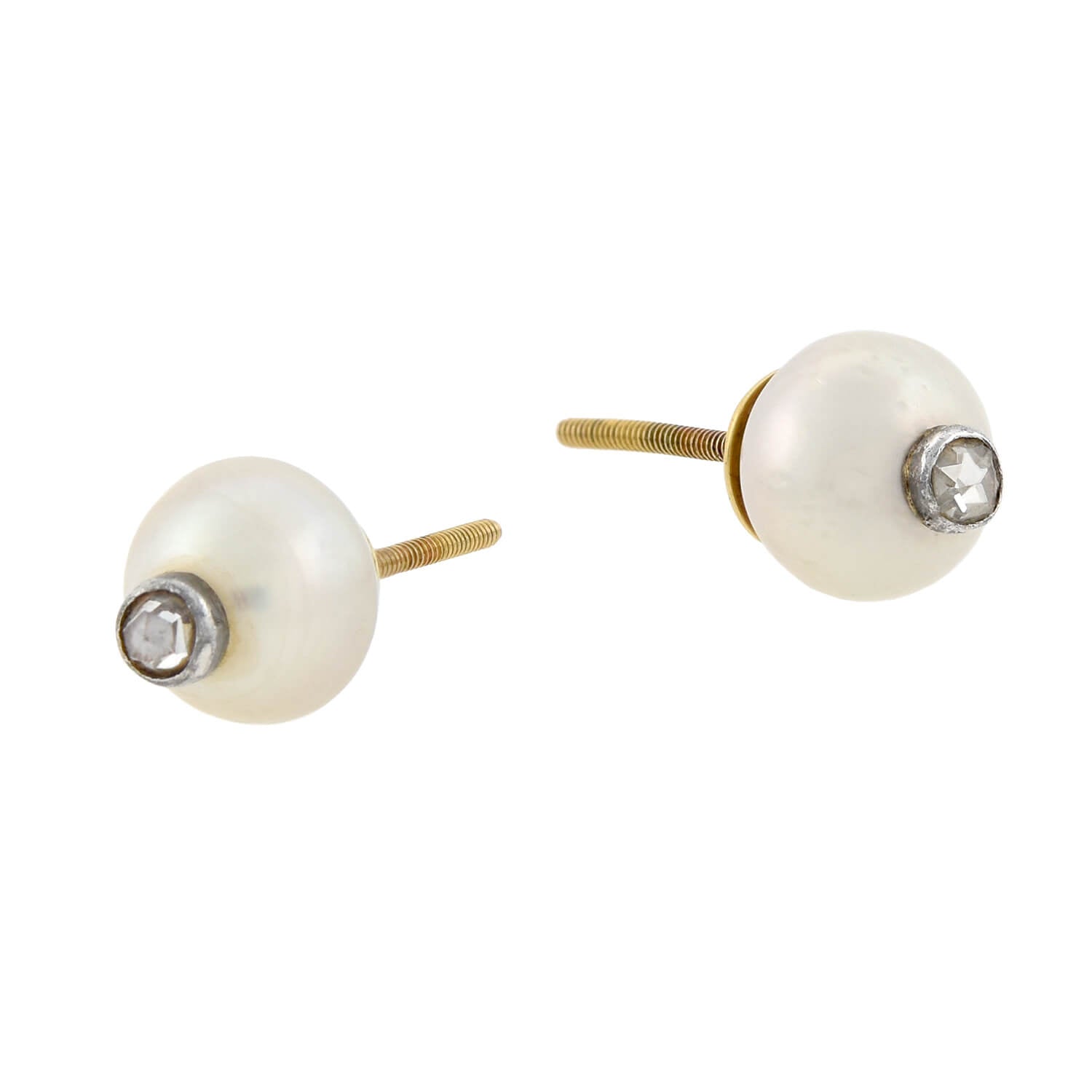 Retro 18kt/Sterling Pearl + Old  Rose Cut Diamond Stud Earrings