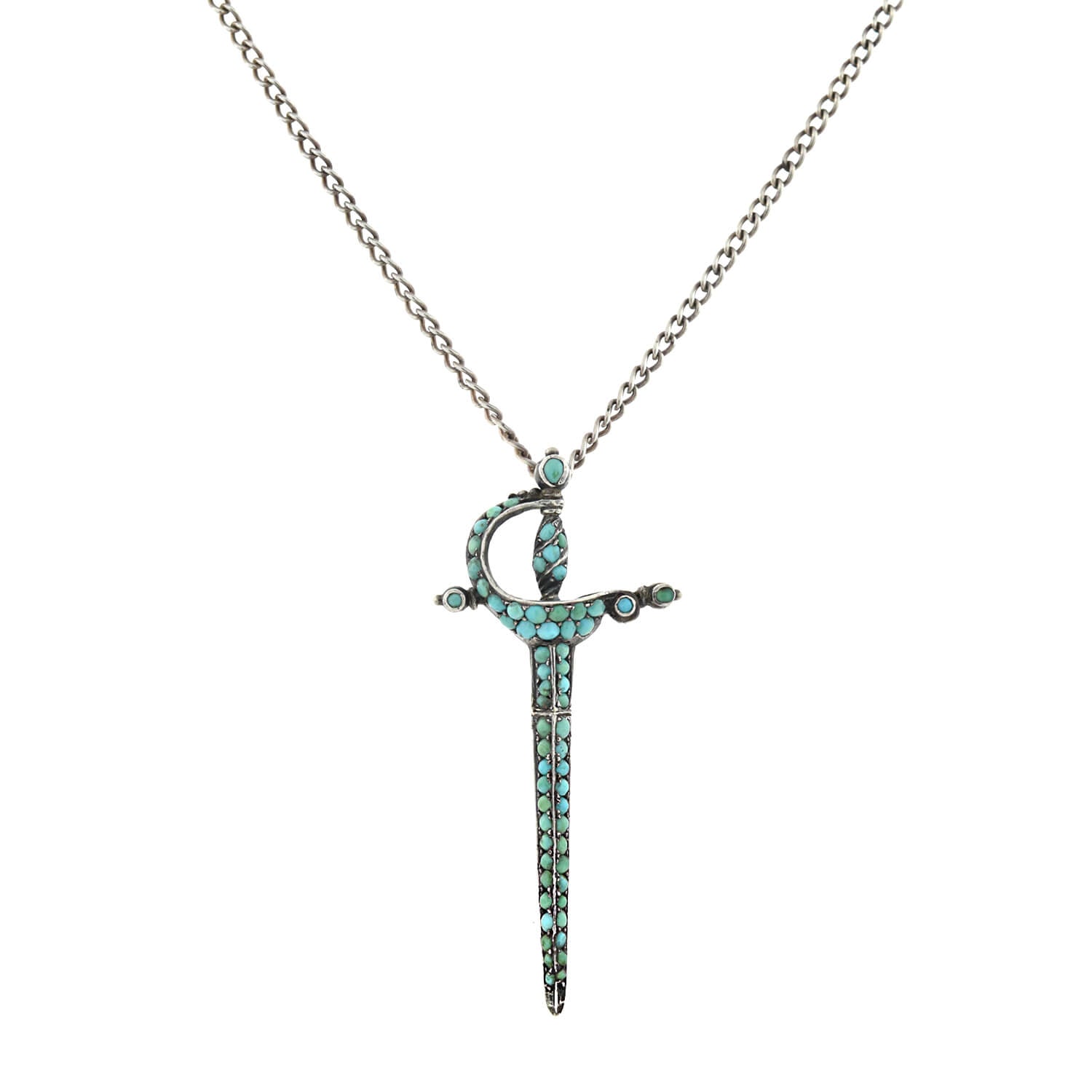 Victorian Sterling Pavé Turquoise Rapier Sword Conversion Pendant Necklace