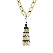 Art Deco Platinum, Natural Pearl & Enamel Bead Necklace w/ Tassel