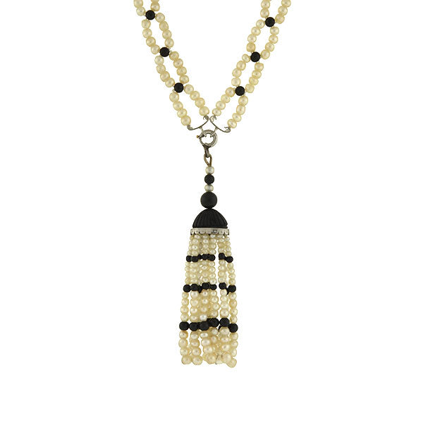 Art Deco Platinum, Natural Pearl & Enamel Bead Necklace w/ Tassel