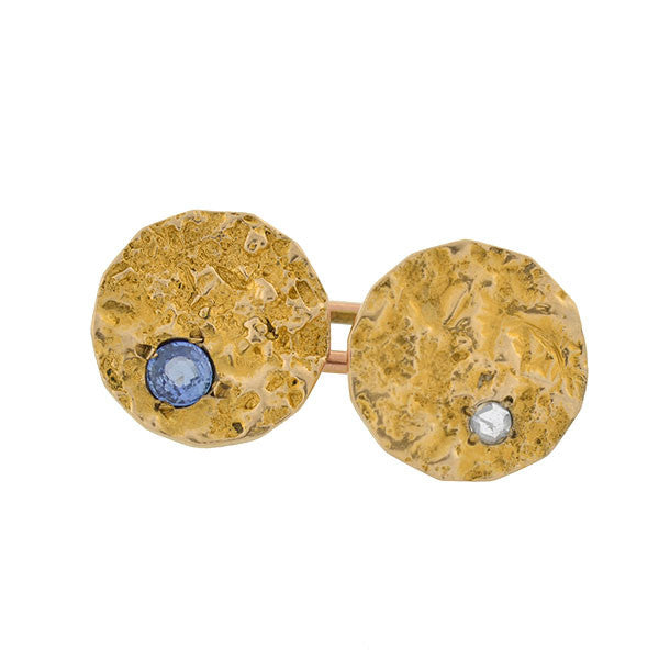 Edwardian 14kt Textured Gold Diamond & Sapphire Cufflinks