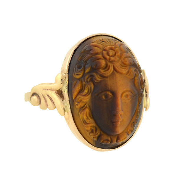 Late Victorian 10kt Carved Tiger's Eye Cameo Ring