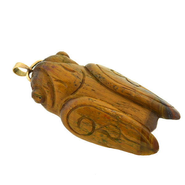 Vintage 14kt Carved Tiger's Eye Cicada Pendant