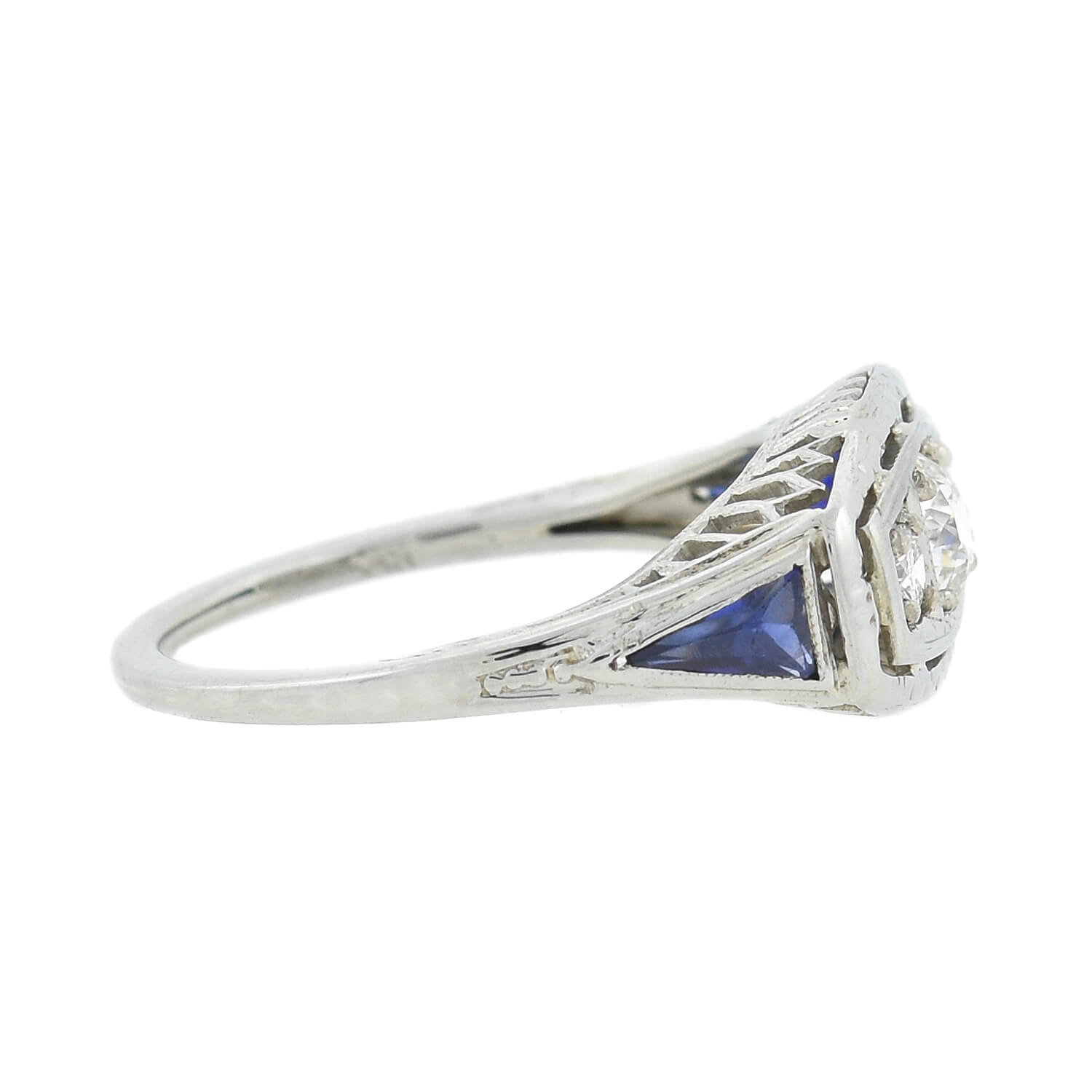 Edwardian 18kt Diamond + Sapphire 3-Stone Ring 0.50ctw.