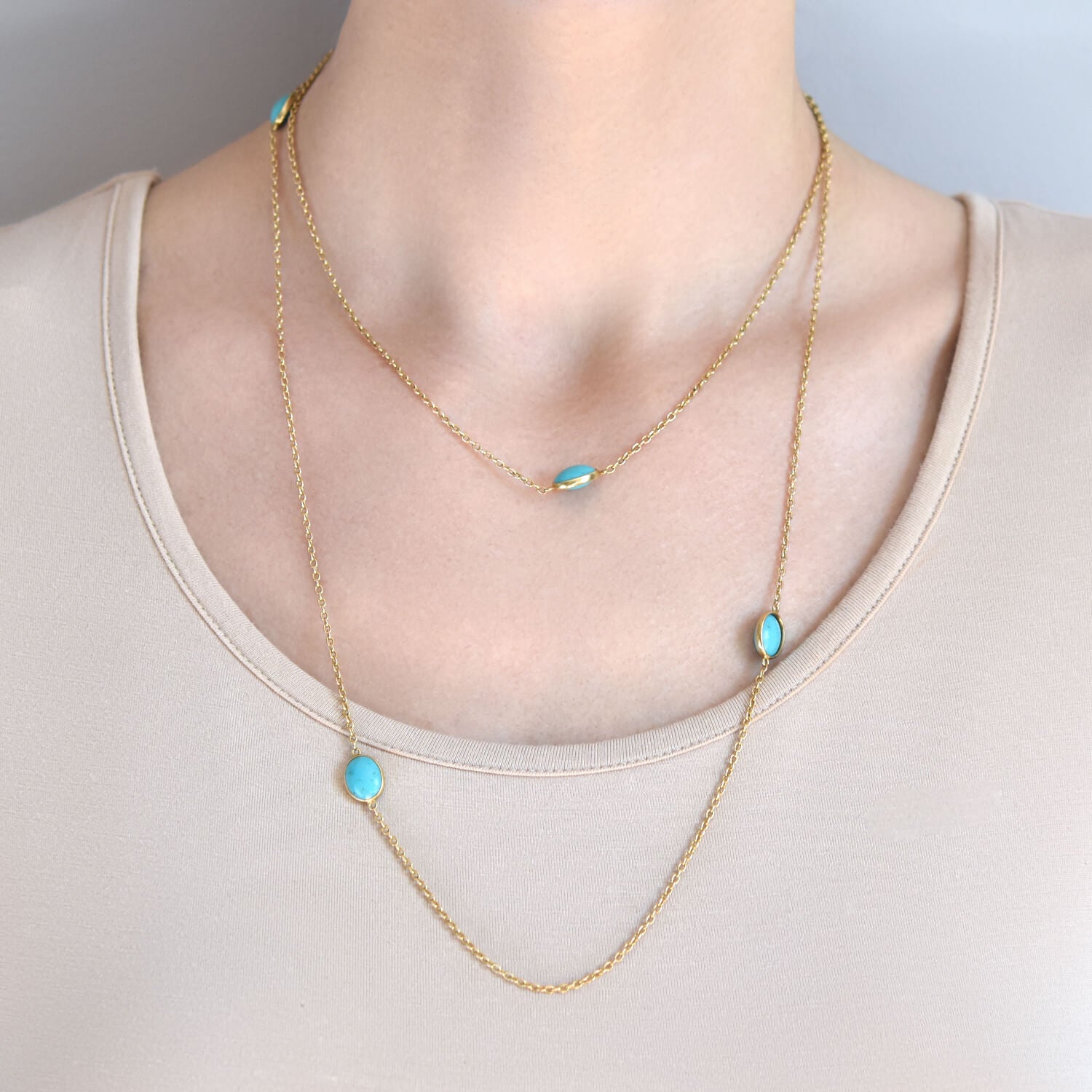 Art Nouveau 14kt Turquoise Link Chain Necklace 42.5"