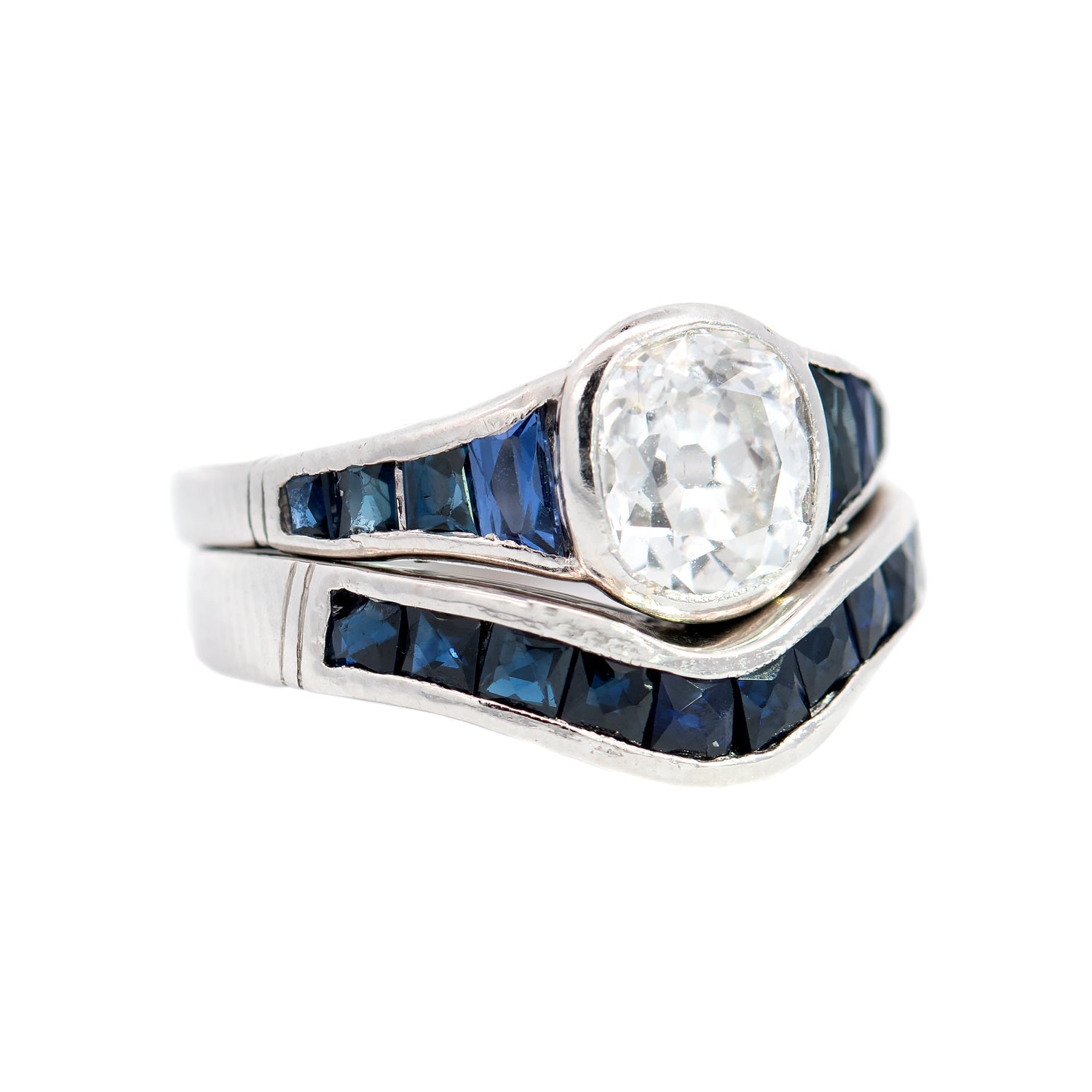 Art Deco Style Platinum Diamond + French Cut Sapphire Engagement Ring Set 1.53ct