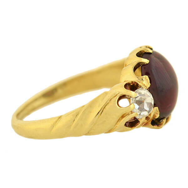 Victorian 15kt Cabochon Garnet + Diamond Ring 0.80ct center