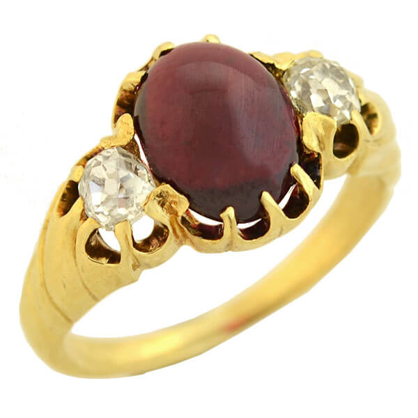 Victorian 15kt Cabochon Garnet + Diamond Ring 0.80ct center