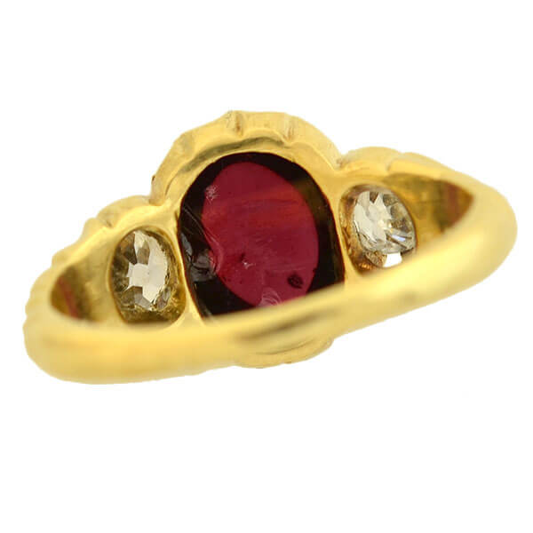 Victorian 15kt Cabochon Garnet + Diamond Ring 0.80ct center