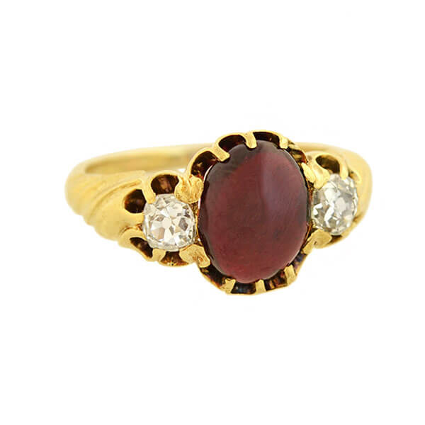 Victorian 15kt Cabochon Garnet + Diamond Ring 0.80ct center