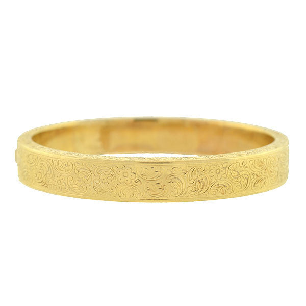 Art Deco 14kt Etched Gold Hinged Bangle Bracelet