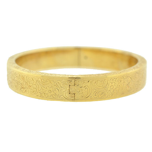 Art Deco 14kt Etched Gold Hinged Bangle Bracelet