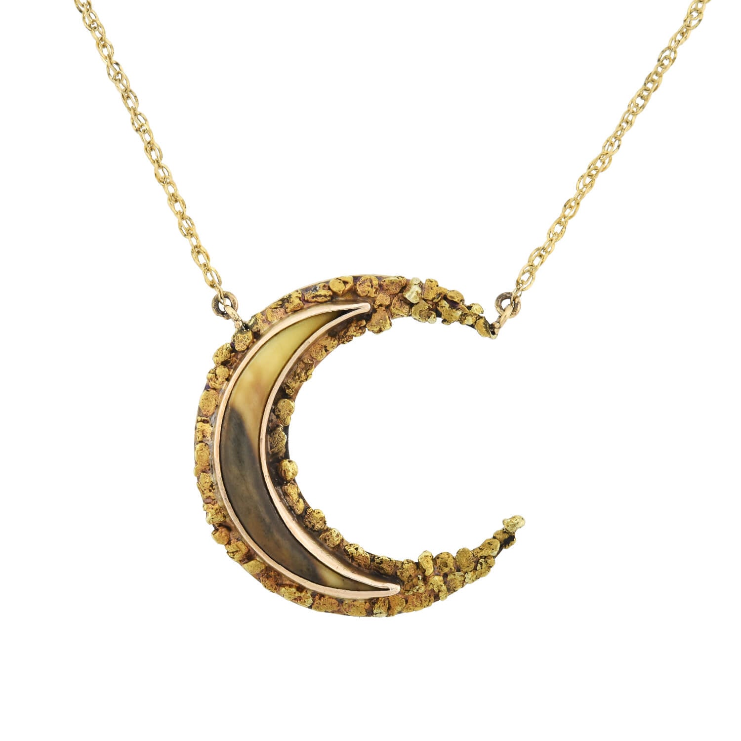 Late Victorian 14kt Genuine Gold Nugget + Horn Crescent Pendant Necklace