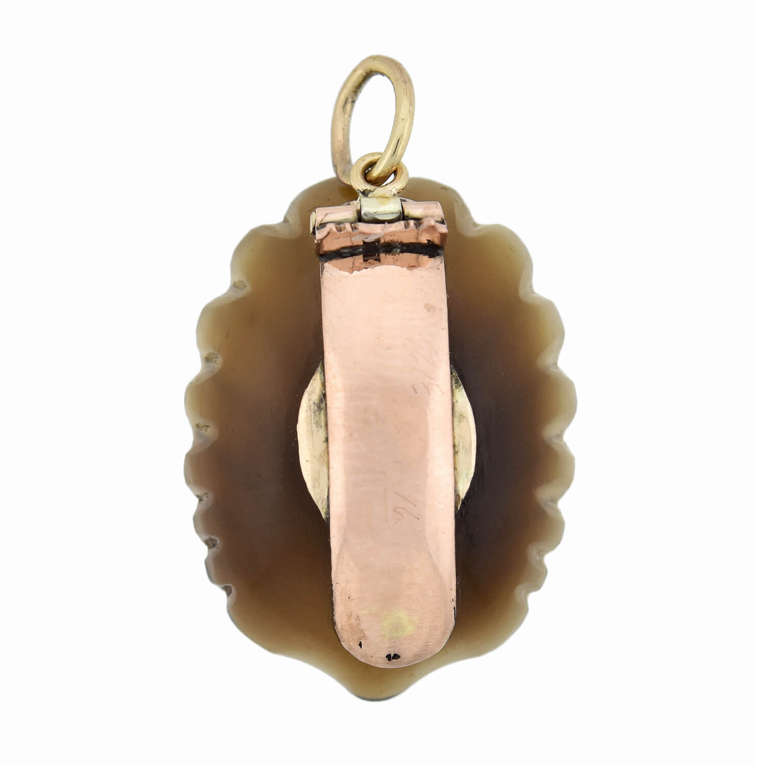 Victorian 14kt Carved Agate + Diamond Seashell Pendant