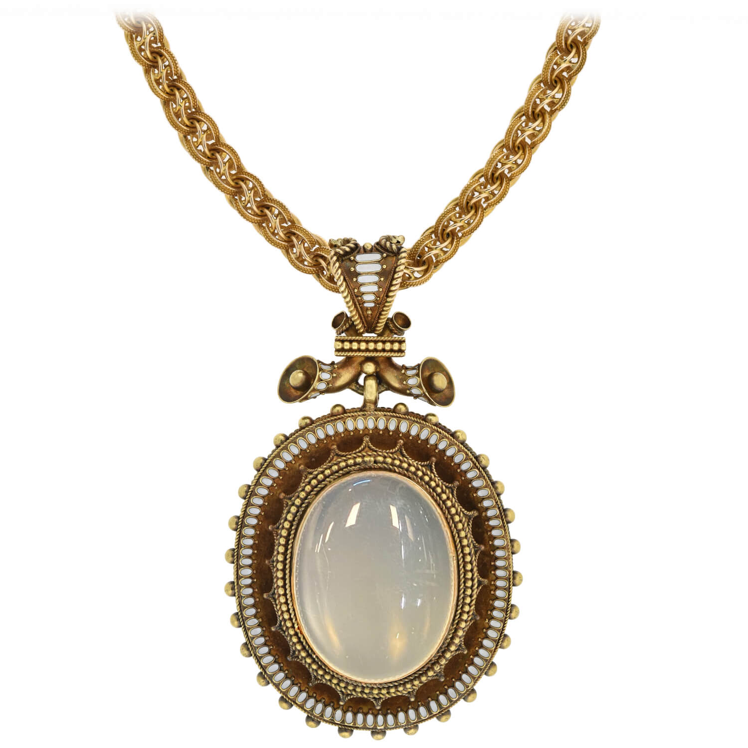 Victorian Large 18kt Enameled + Moonstone Pendant Necklace