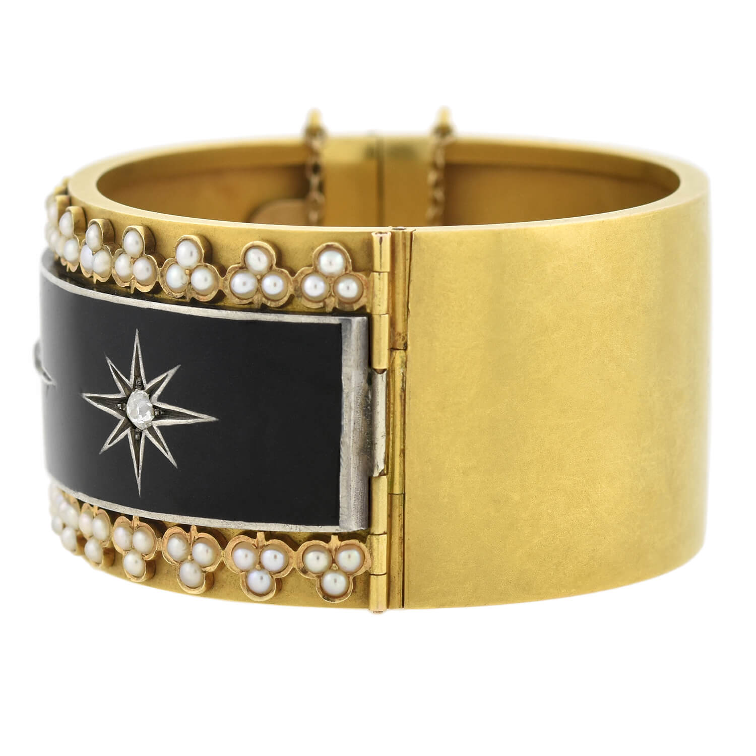 Victorian 18kt Enameled Diamond + Pearl Starburst Motif Bracelet