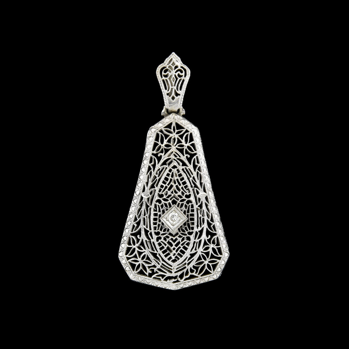 Art Deco Large 14kt Diamond Filigree Pendant