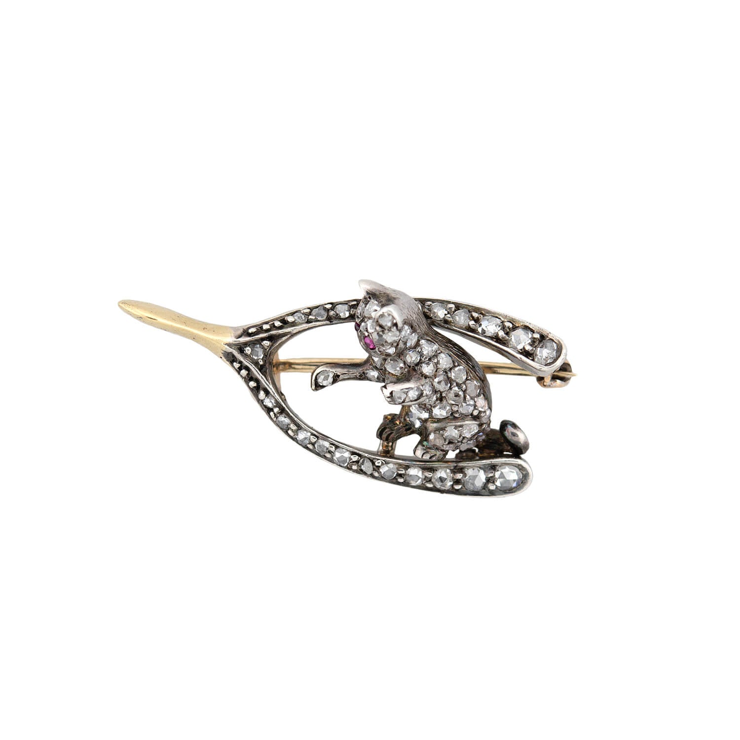 Victorian 15kt/Sterling Rose Cut Diamond + Ruby Cat and Wishbone Pin