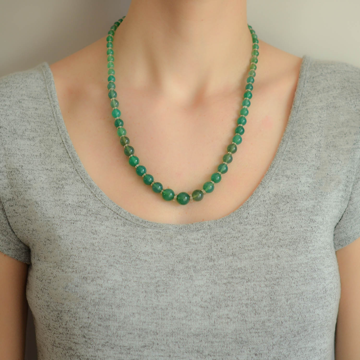 Art Deco Chrysoprase + Rock Crystal Bead Necklace 22"