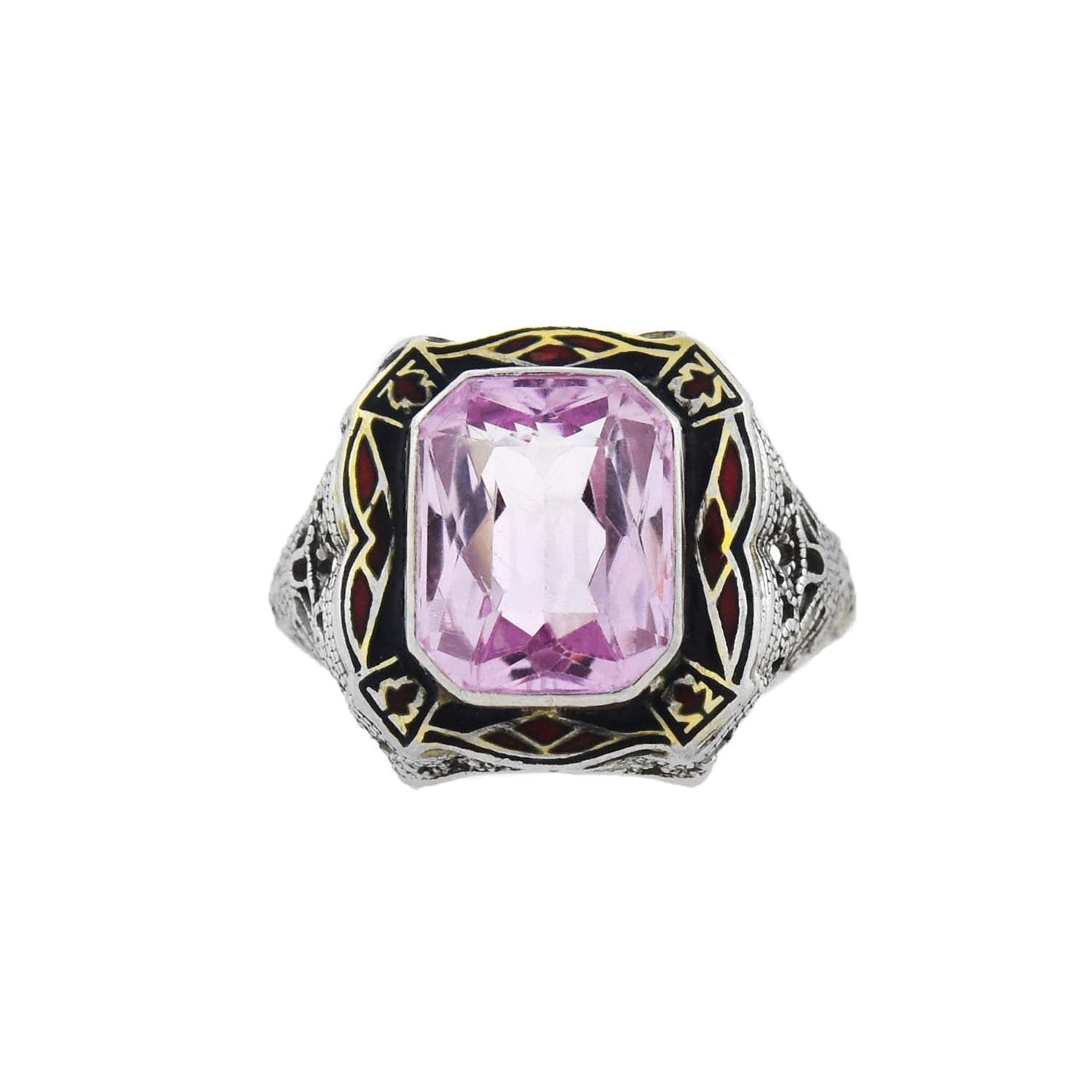 Art Deco 14kt Pink Sapphire + Enameled Filigree Ring