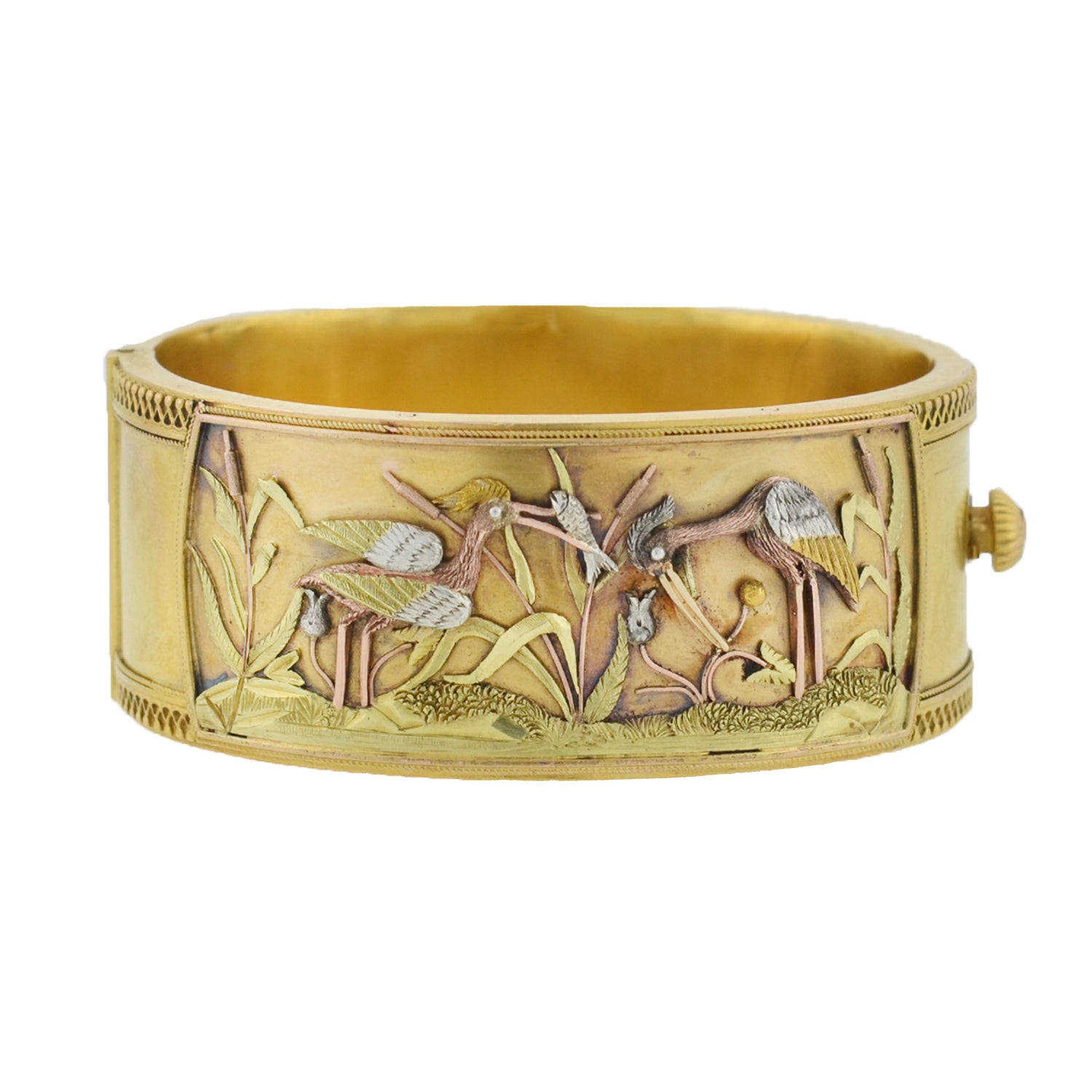 Victorian Signed 15kt Mixed Metals Aesthetic Movement Heron Bangle Bracelet