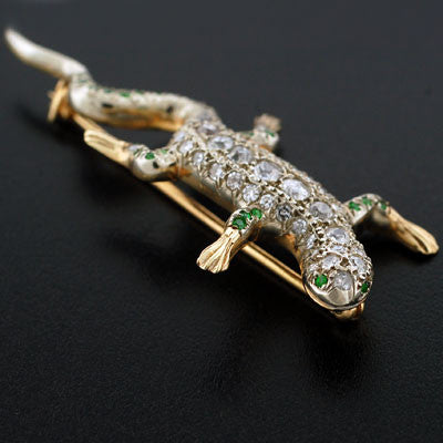 Edwardian 14kt Diamond & Demantoid Garnet Lizard Pin