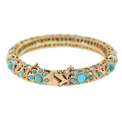 zz Vintage 14kt Indian Turquoise & Pearl Bangle Bracelet