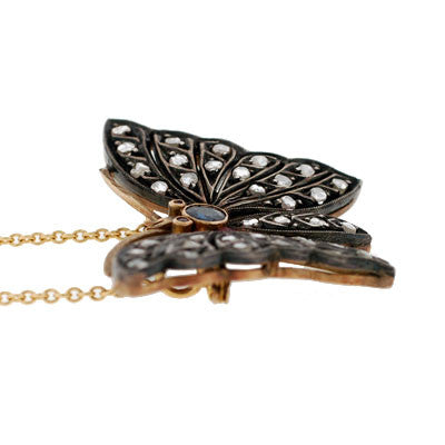 Retro Sterling & 14kt Diamond Butterfly Pendant