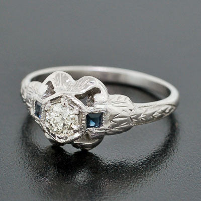 Art Deco Platinum Diamond & Sapphire Engagement Ring .24ct