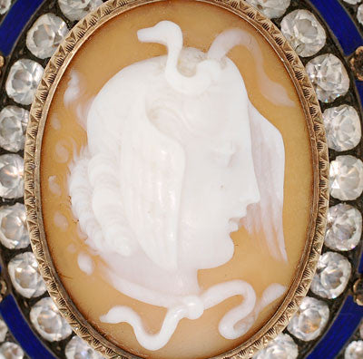 Victorian Sterling/9kt Medusa French Paste Enamel Cameo Pin