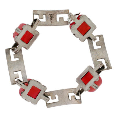 Art Deco Sterling Enamel & Faux Carnelian Link Bracelet