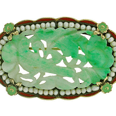 Art Deco 14kt Hand Carved Jade, Pearl & Enamel Pin