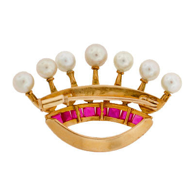 Early Retro 14kt Yellow Gold Ruby & Pearl Crown Pin