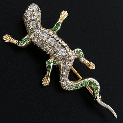 Edwardian 14kt Diamond & Demantoid Garnet Lizard Pin