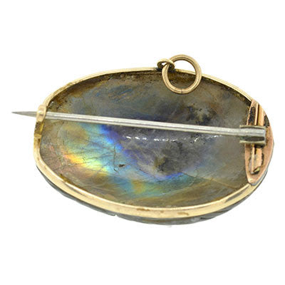 Art Nouveau 10kt Carved Labradorite Scarab Pin/Pendant