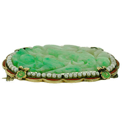 Art Deco 14kt Hand Carved Jade, Pearl & Enamel Pin