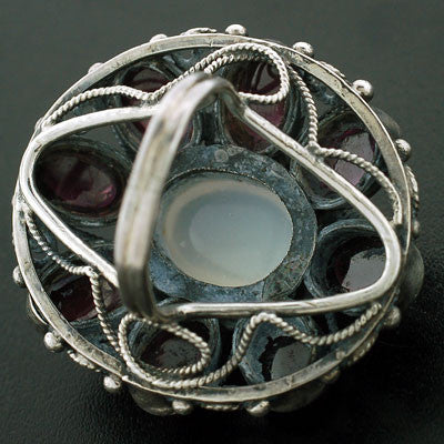 Early Retro Huge Sterling Moonstone & Garnet Cluster Ring