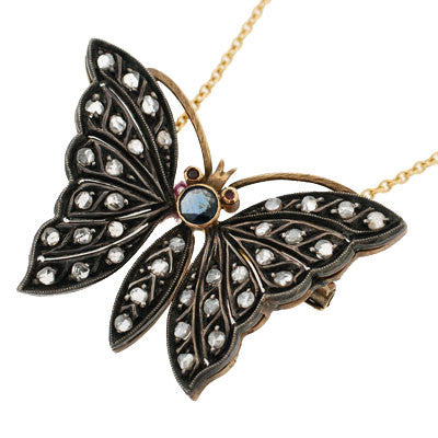 Victorian Sterling Silver & 14k Diamond Butterfly Pendant