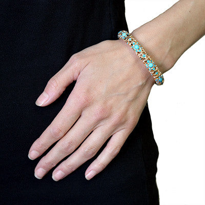 zz Vintage 14kt Indian Turquoise & Pearl Bangle Bracelet