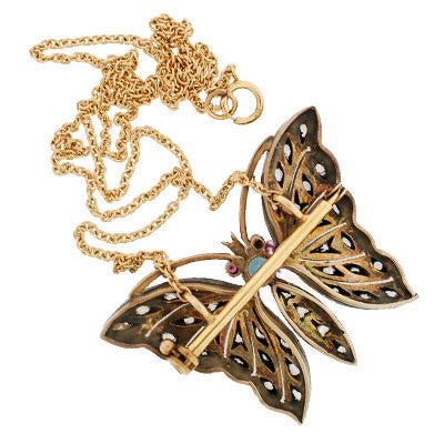 Victorian Sterling Silver & 14k Diamond Butterfly Pendant