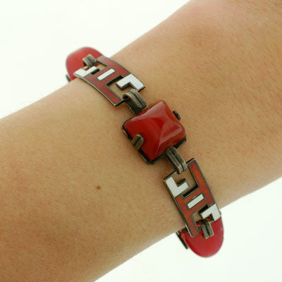 Art Deco Sterling Carnelian & Enamel Bracelet